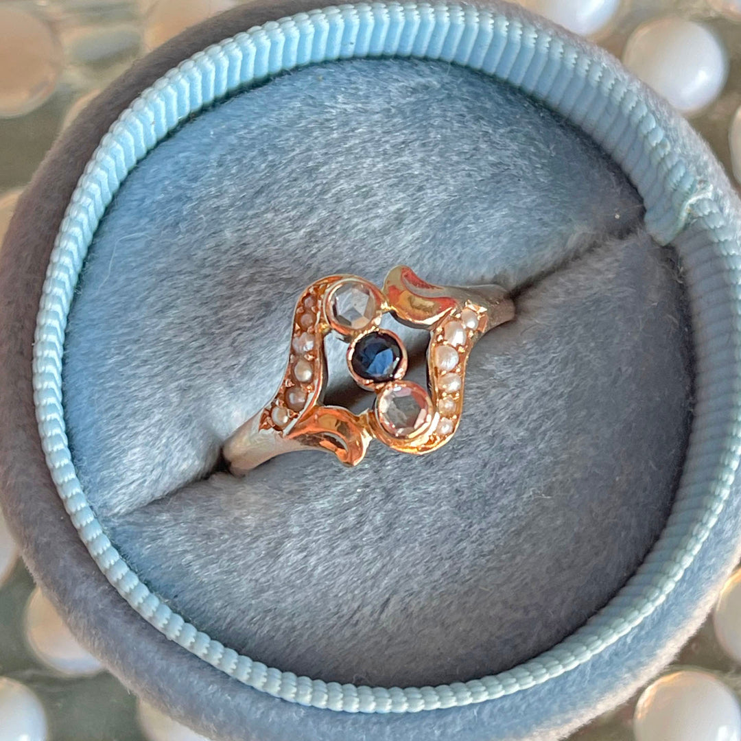 Antique Art Nouveau Sapphire Pearl Diamond Ring 18k Gold