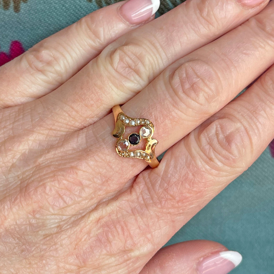 Antique Art Nouveau Sapphire Pearl Diamond Ring 18k Gold