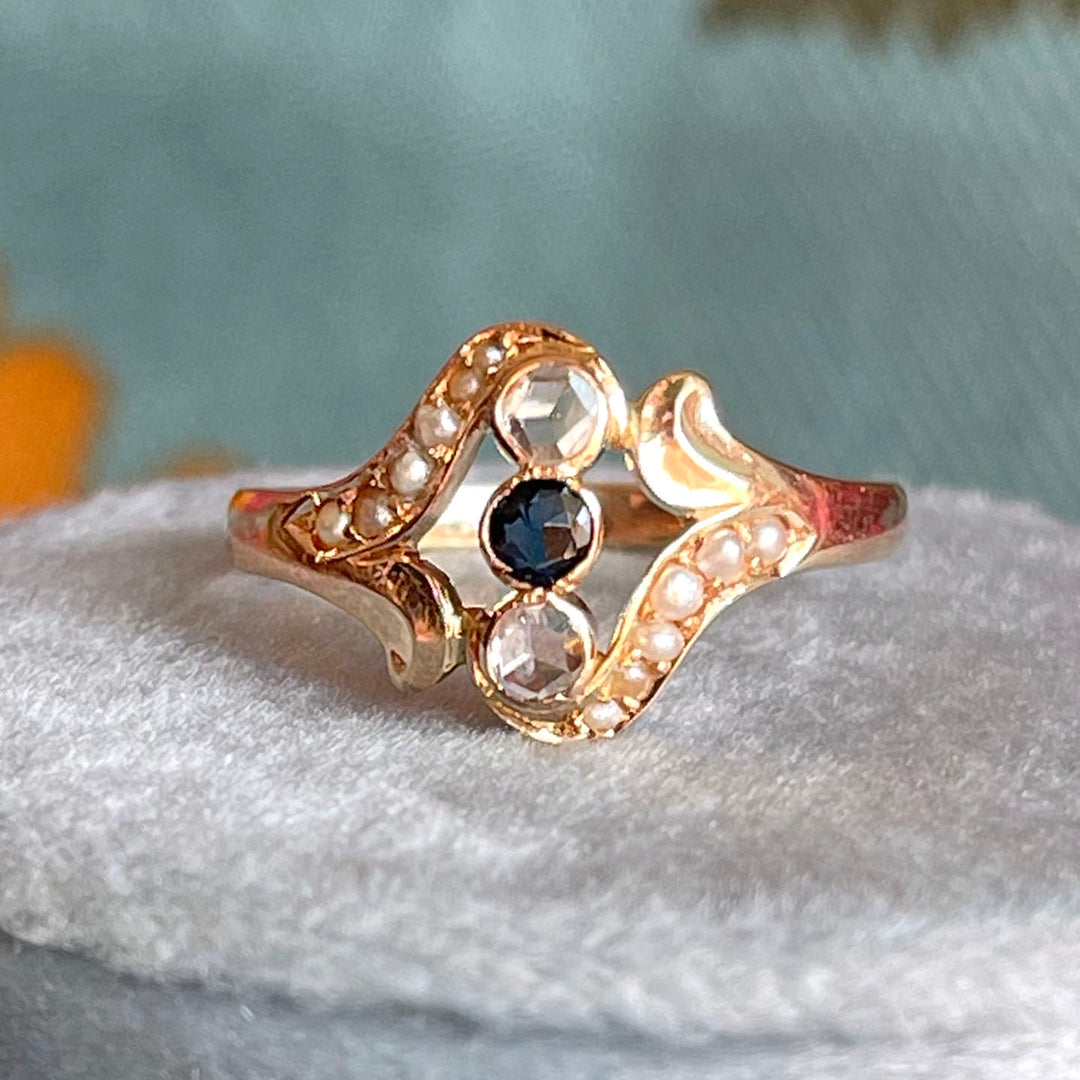 Antique Art Nouveau Sapphire Pearl Diamond Ring 18k Gold