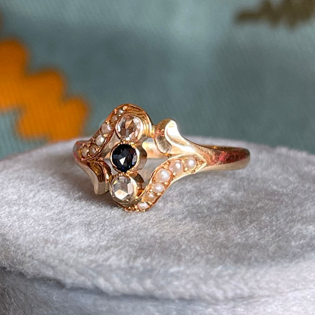Antique Art Nouveau Sapphire Pearl Diamond Ring 18k Gold