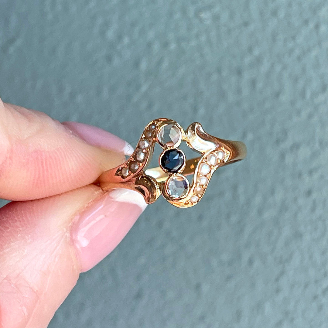 Antique Art Nouveau Sapphire Pearl Diamond Ring 18k Gold