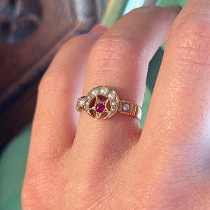 Antique Crescent Moon and Star Ring Pearls, Ruby Ring 1898 Birmingham 15k Gold