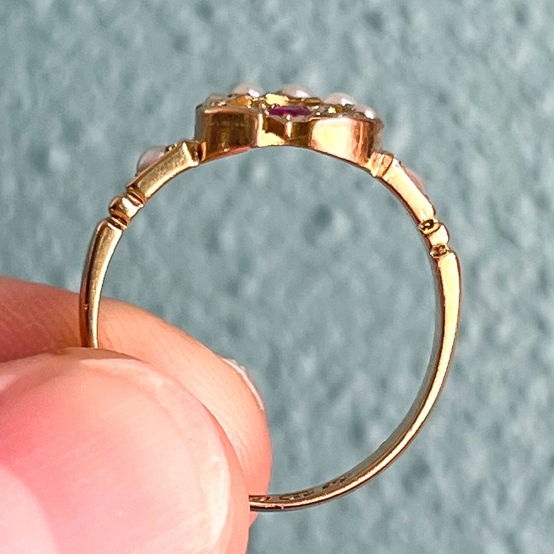 Antique Crescent Moon and Star Ring Pearls, Ruby Ring 1898 Birmingham 15k Gold
