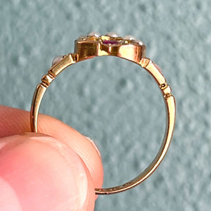 Antique Crescent Moon and Star Ring Pearls, Ruby Ring 1898 Birmingham 15k Gold