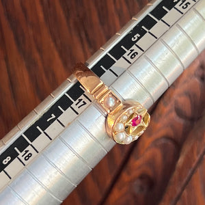 Antique Crescent Moon and Star Ring Pearls, Ruby Ring 1898 Birmingham 15k Gold