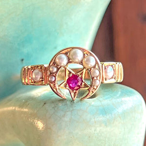 Antique Crescent Moon and Star Ring Pearls, Ruby Ring 1898 Birmingham 15k Gold