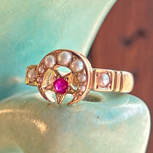 Antique Crescent Moon and Star Ring Pearls, Ruby Ring 1898 Birmingham 15k Gold
