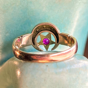 Antique Crescent Moon and Star Ring Pearls, Ruby Ring 1898 Birmingham 15k Gold