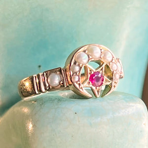 Antique Crescent Moon and Star Ring Pearls, Ruby Ring 1898 Birmingham 15k Gold