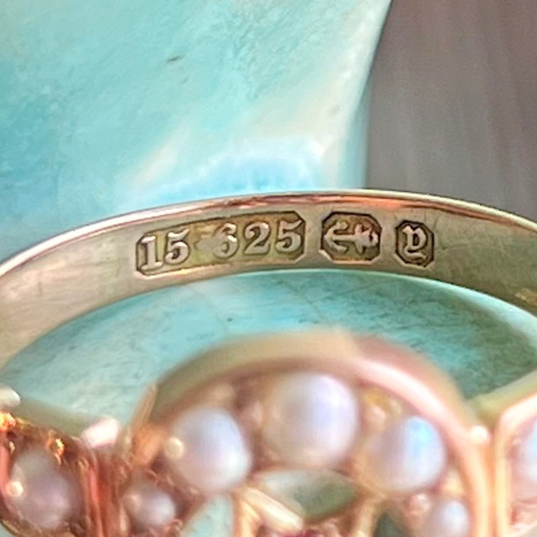 Antique Crescent Moon and Star Ring Pearls, Ruby Ring 1898 Birmingham 15k Gold
