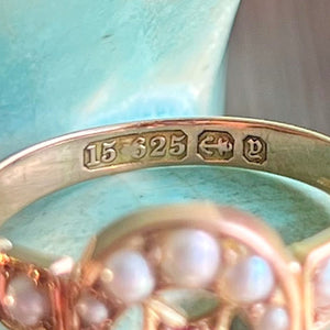 Antique Crescent Moon and Star Ring Pearls, Ruby Ring 1898 Birmingham 15k Gold