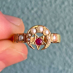 Antique Crescent Moon and Star Ring Pearls, Ruby Ring 1898 Birmingham 15k Gold