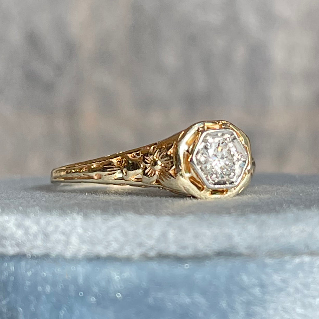 Art Deco 14k Filigree Diamond Solitaire Ring