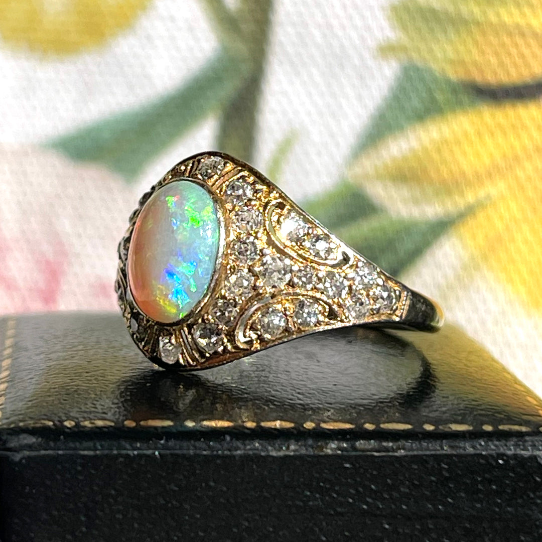 Antique 14K Gold & Platinum Opal and Diamond Ring