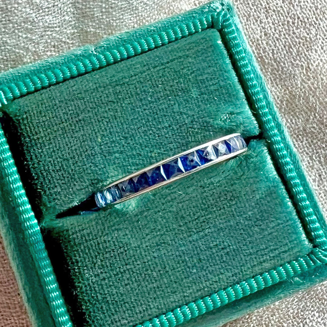 Antique Platinum Sapphire Eternity Band Ring, Engraved 1.75 Ctw