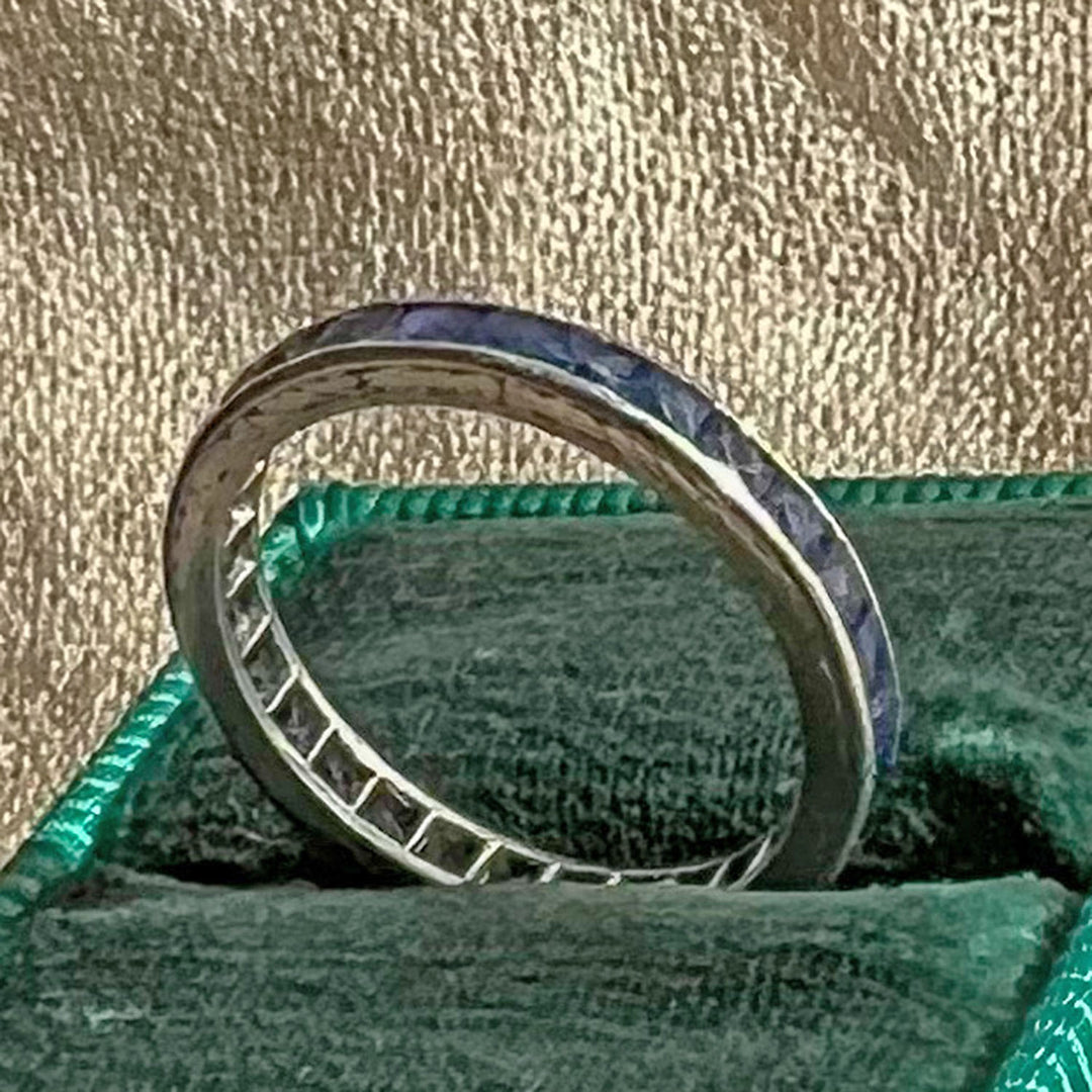 Antique Platinum Sapphire Eternity Band Ring, Engraved 1.75 Ctw