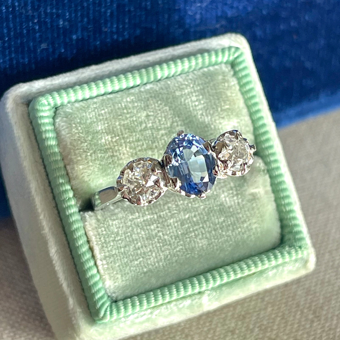 Platinum Sapphire & Old European Diamond Three-Stone Ring