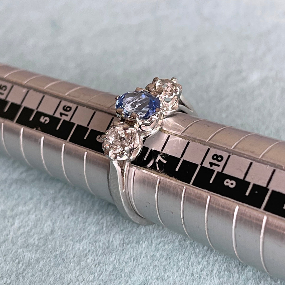 Platinum Sapphire & Old European Diamond Three-Stone Ring
