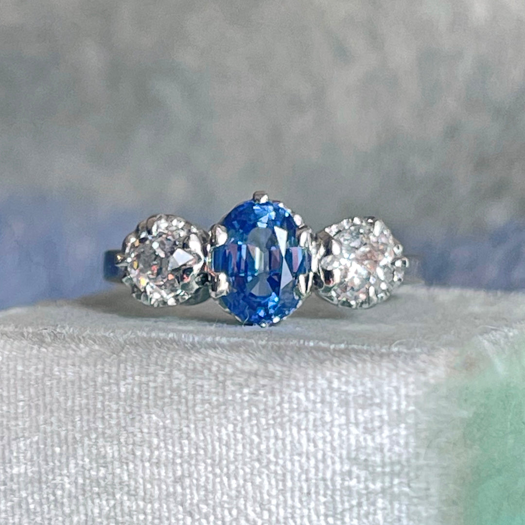 Platinum Sapphire & Old European Diamond Three-Stone Ring