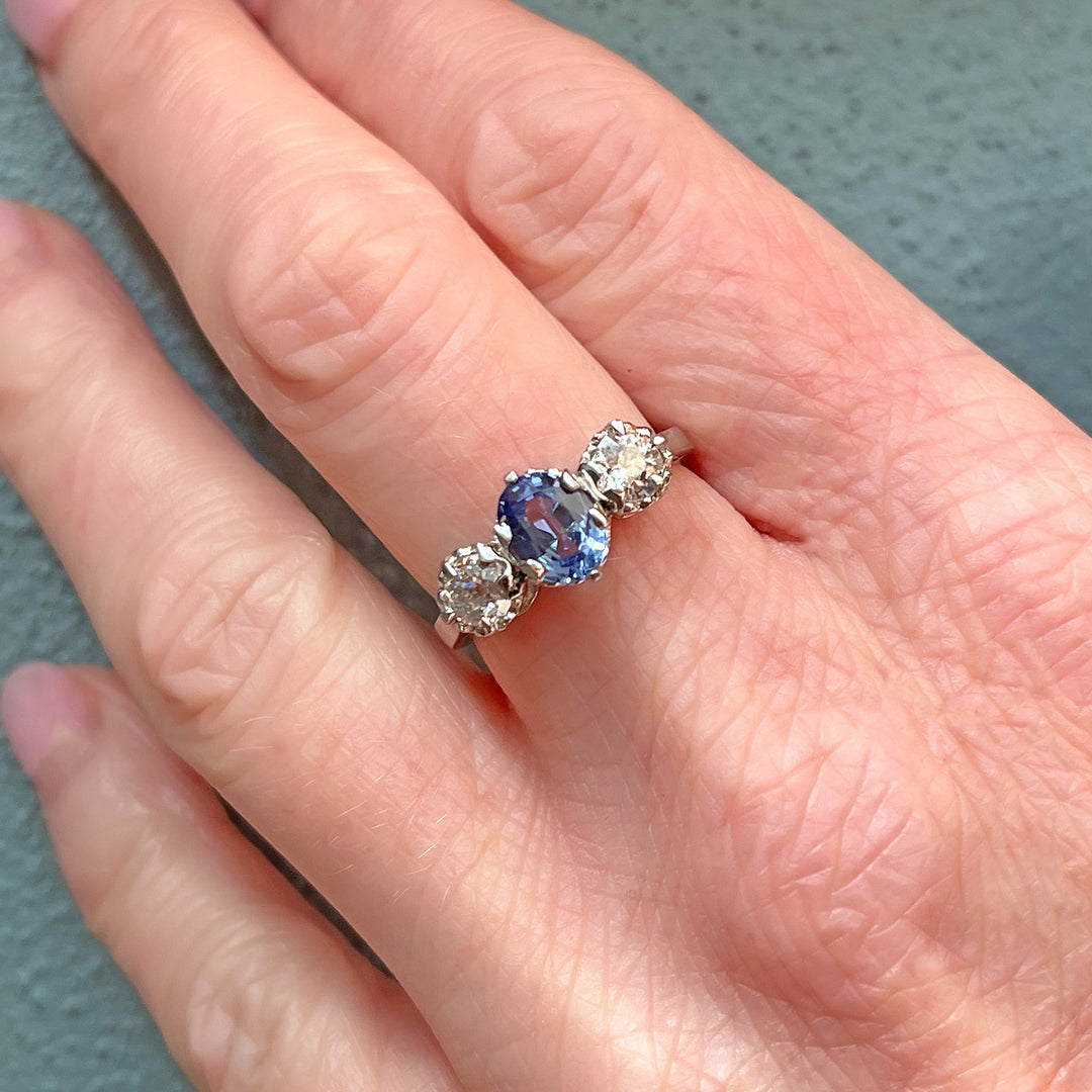 Platinum Sapphire & Old European Diamond Three-Stone Ring