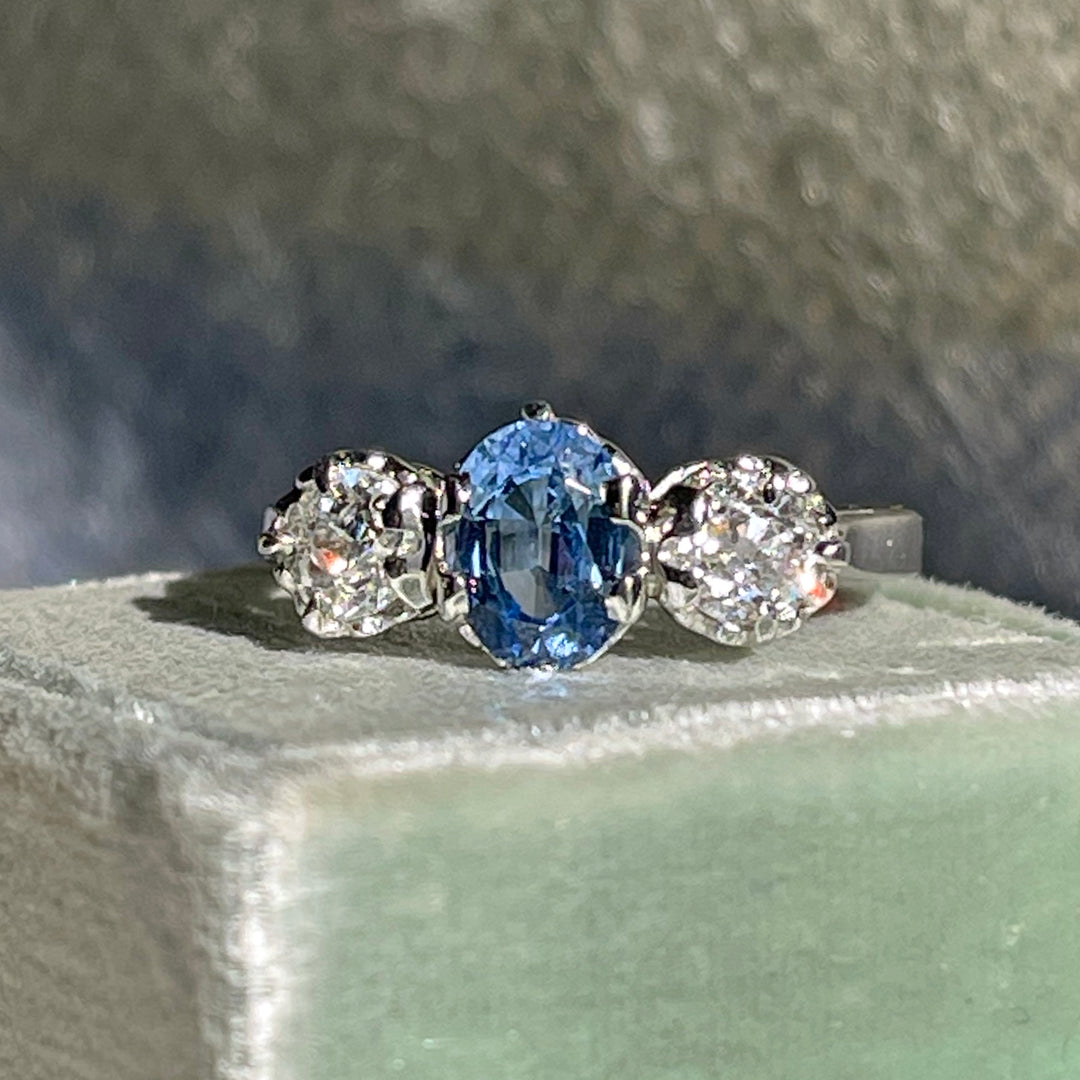 Platinum Sapphire & Old European Diamond Three-Stone Ring