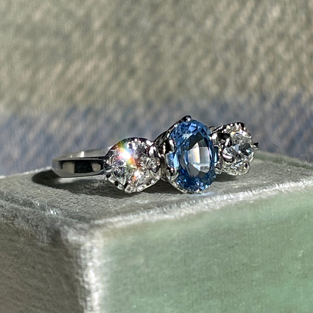 Platinum Sapphire & Old European Diamond Three-Stone Ring