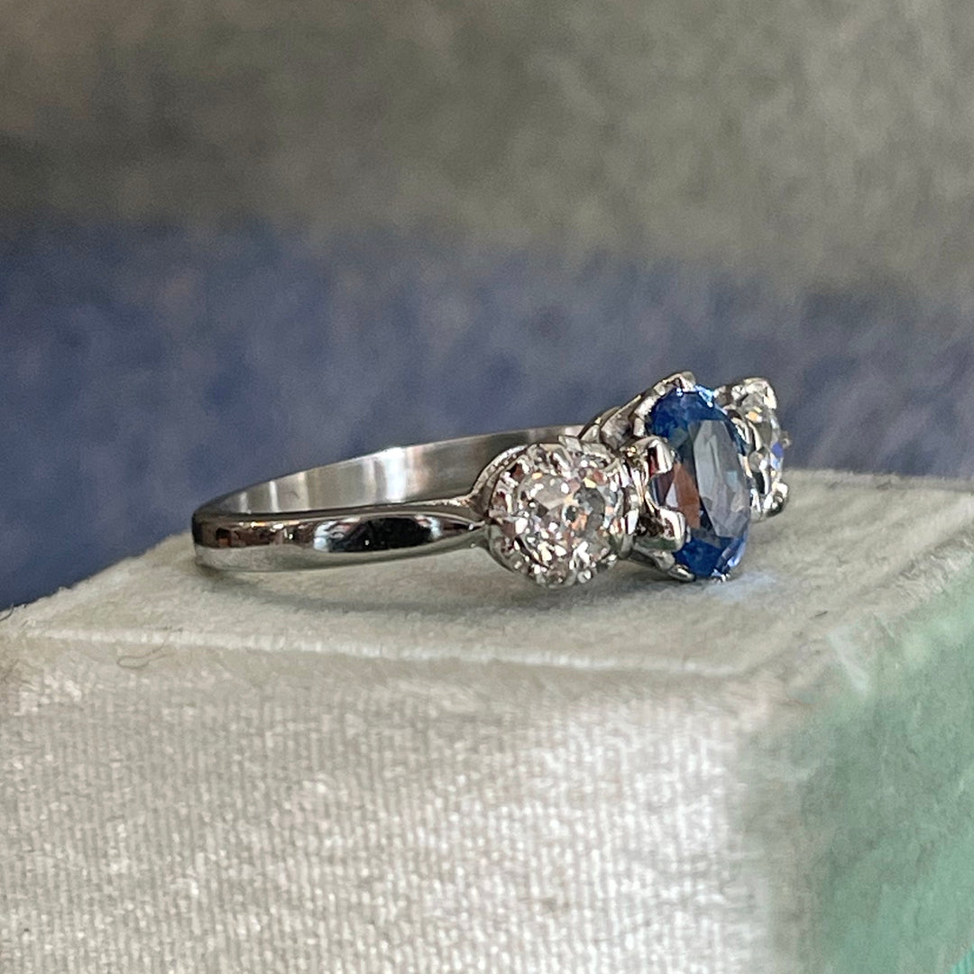 Platinum Sapphire & Old European Diamond Three-Stone Ring