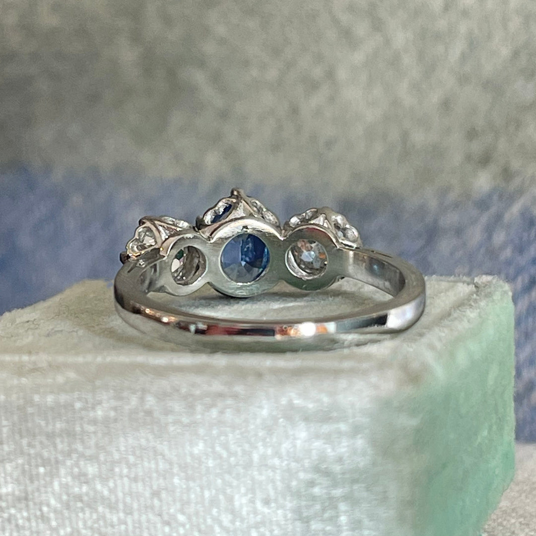 Platinum Sapphire & Old European Diamond Three-Stone Ring