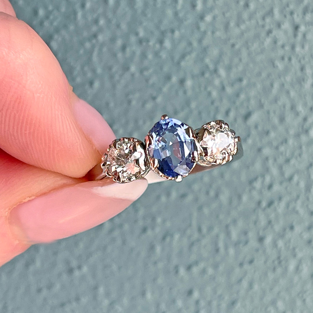 Platinum Sapphire & Old European Diamond Three-Stone Ring
