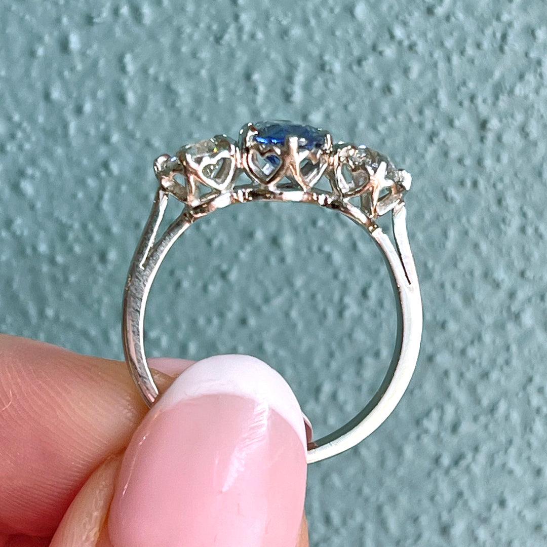 Platinum Sapphire & Old European Diamond Three-Stone Ring