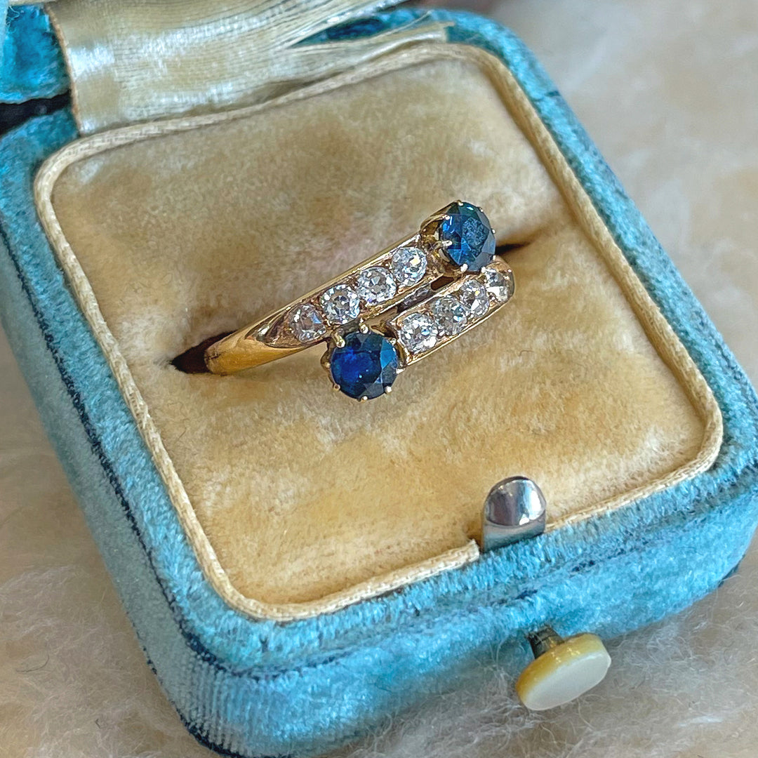 Victorian Sapphire Diamond By-Pass Ring 18k Gold