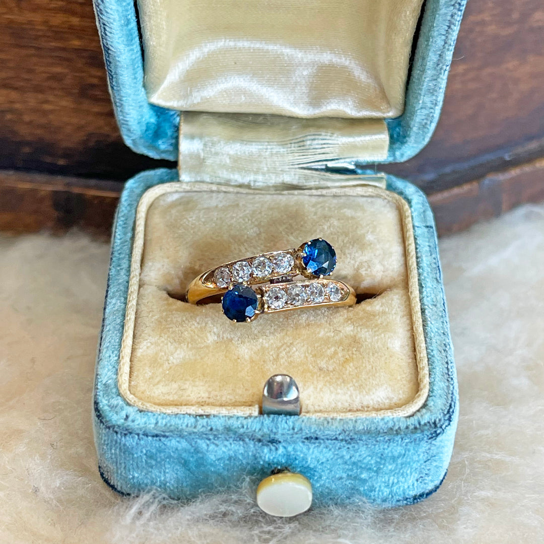Victorian Sapphire Diamond By-Pass Ring 18k Gold