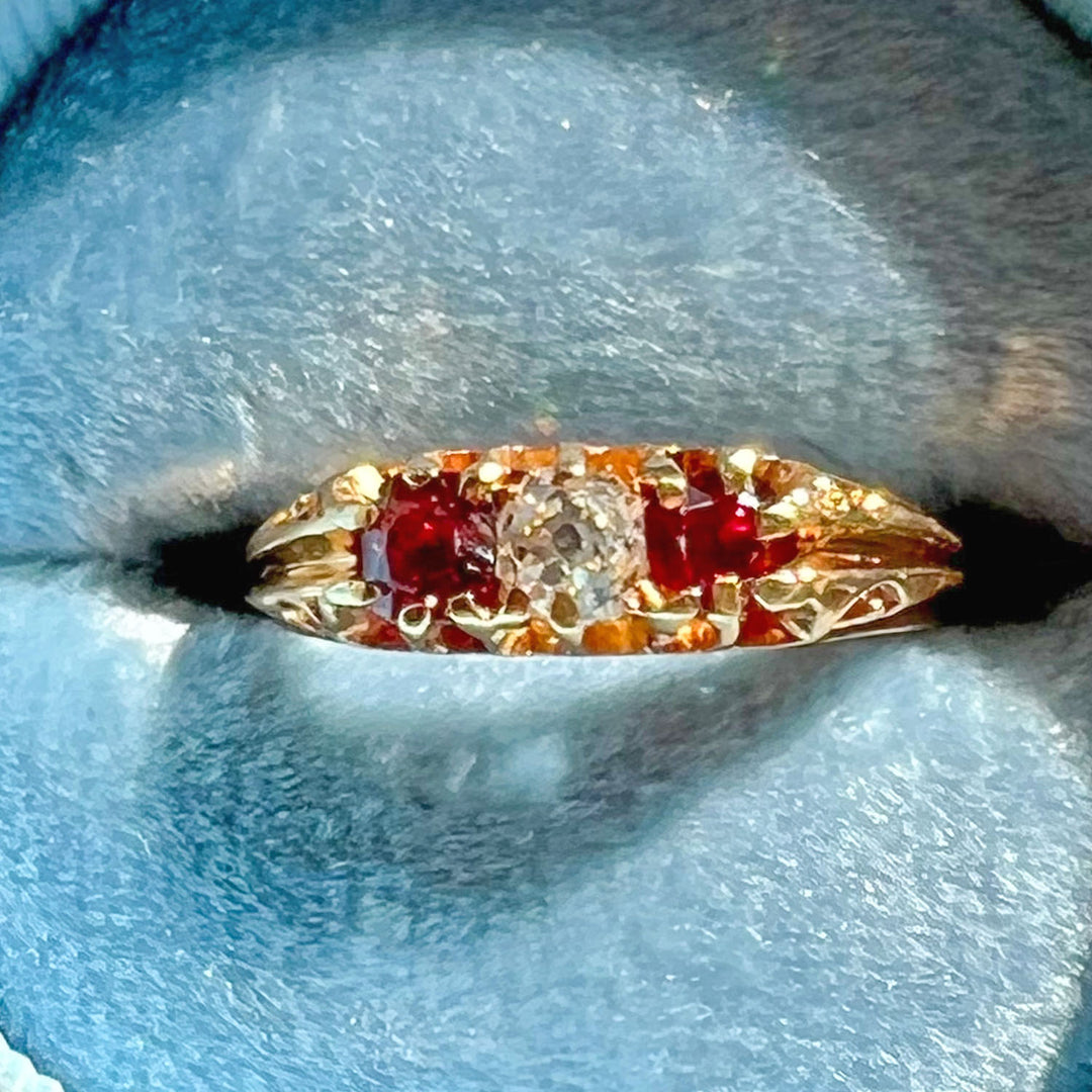 Antique 3-Stone Diamond Garnet Ring, 18k Gold, London 1875