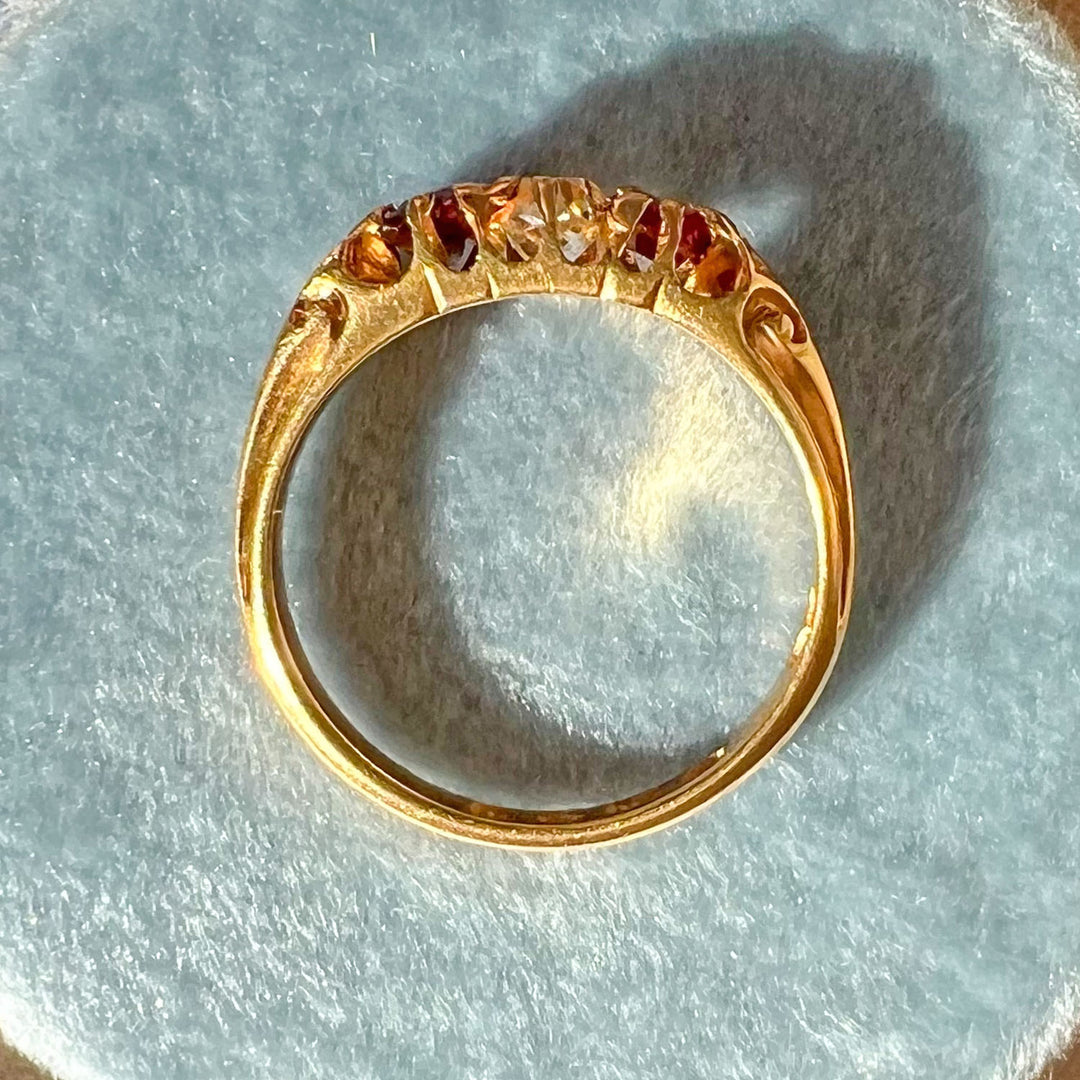 Antique 3-Stone Diamond Garnet Ring, 18k Gold, London 1875