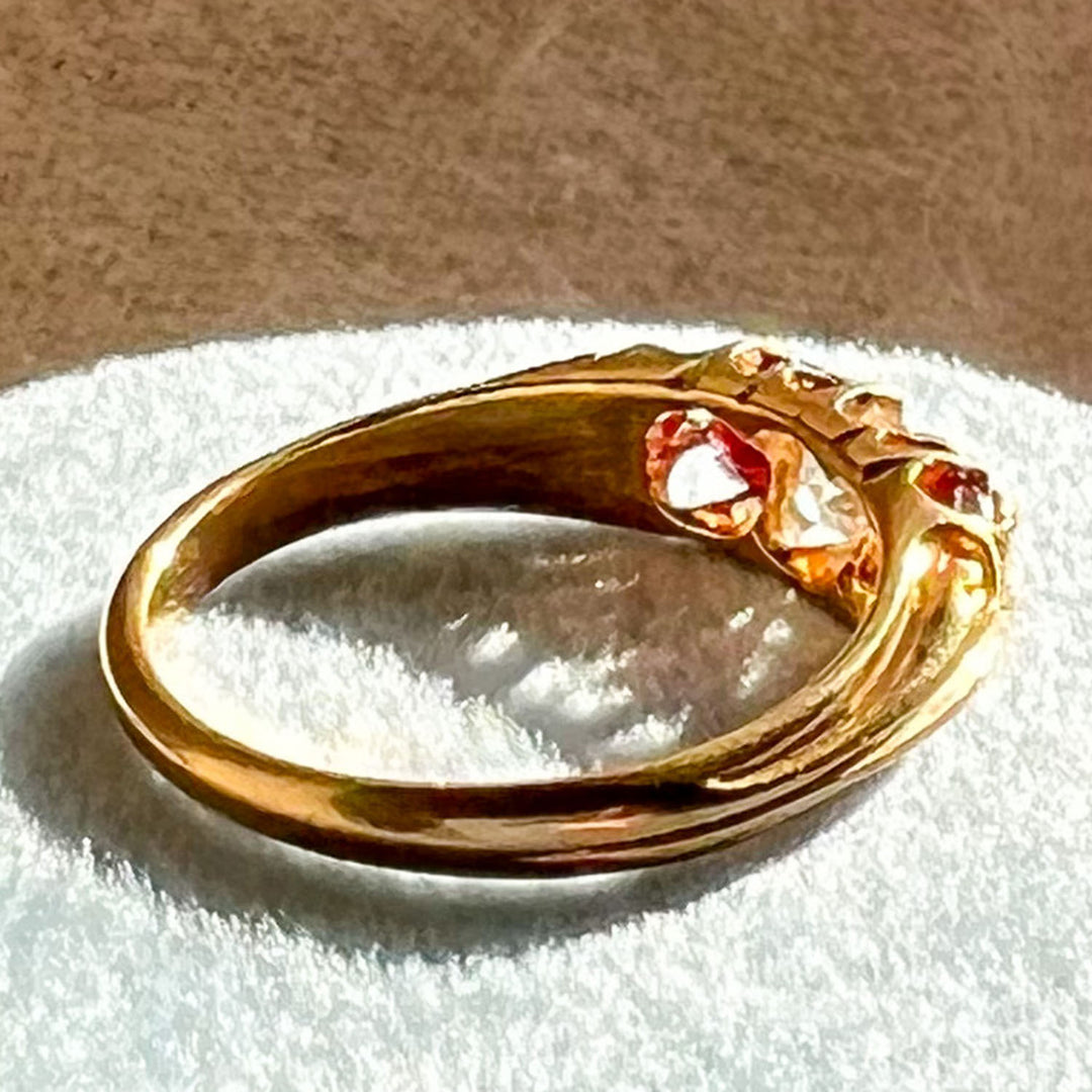 Antique 3-Stone Diamond Garnet Ring, 18k Gold, London 1875