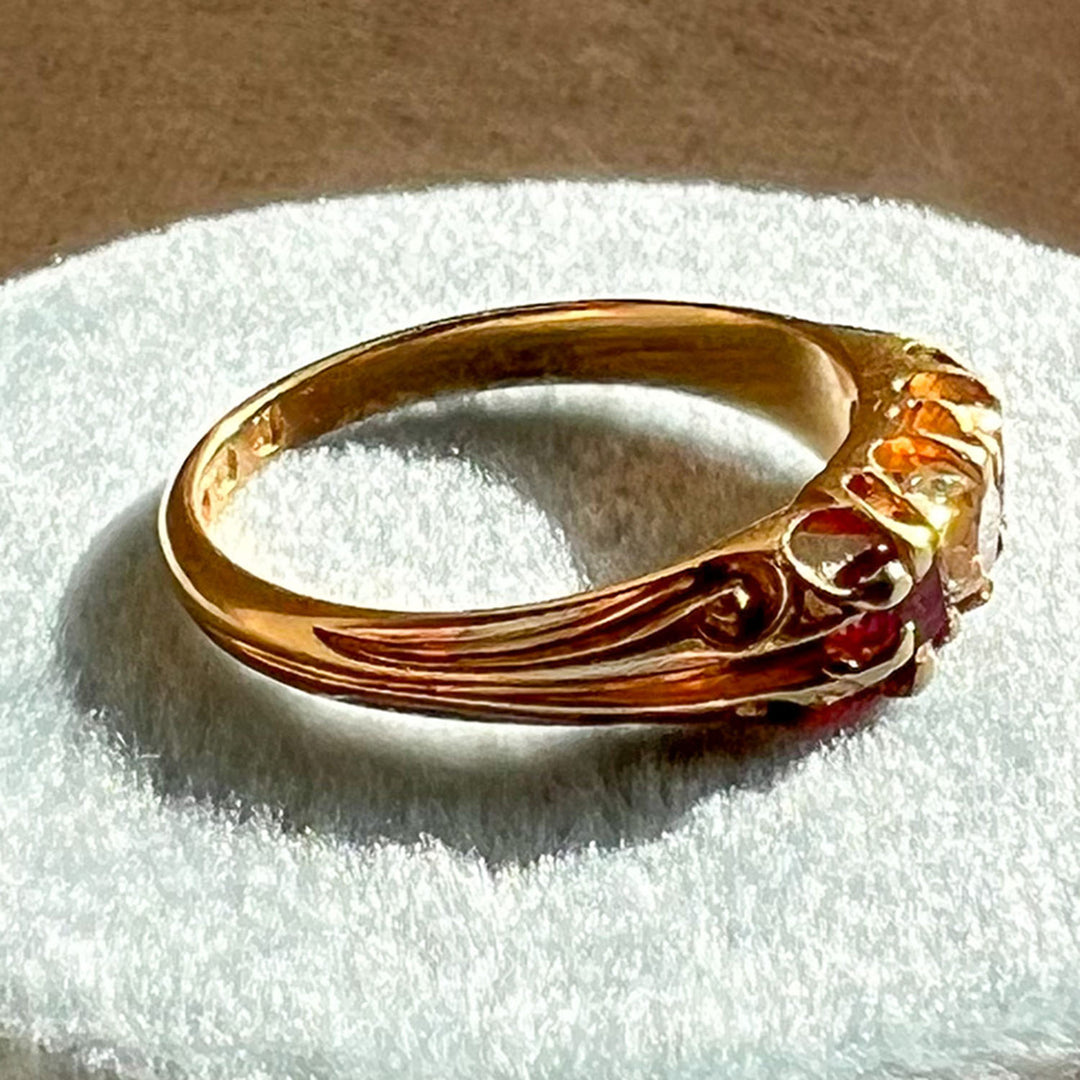 Antique 3-Stone Diamond Garnet Ring, 18k Gold, London 1875