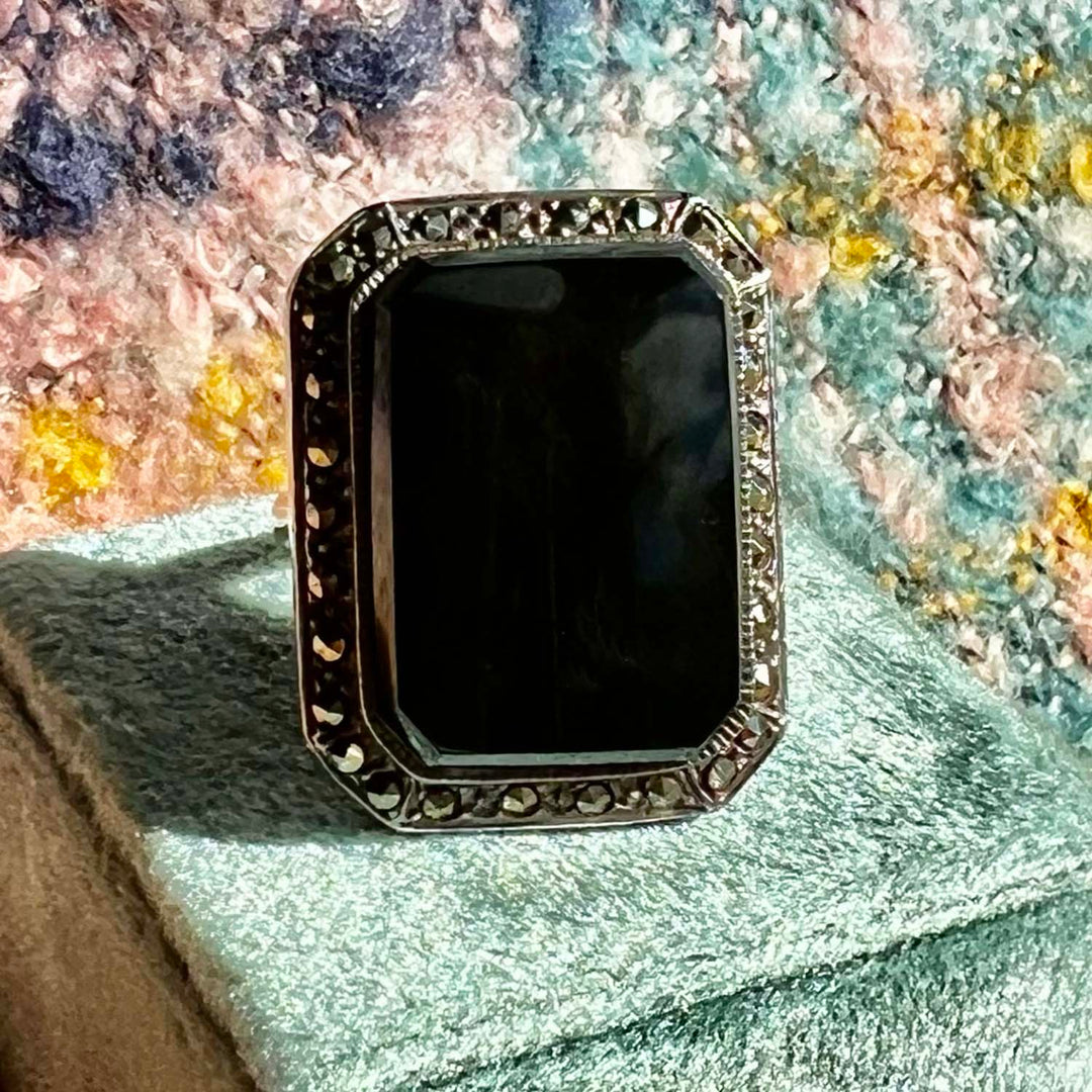 Art Deco Silver Onyx and Marcasite Ring
