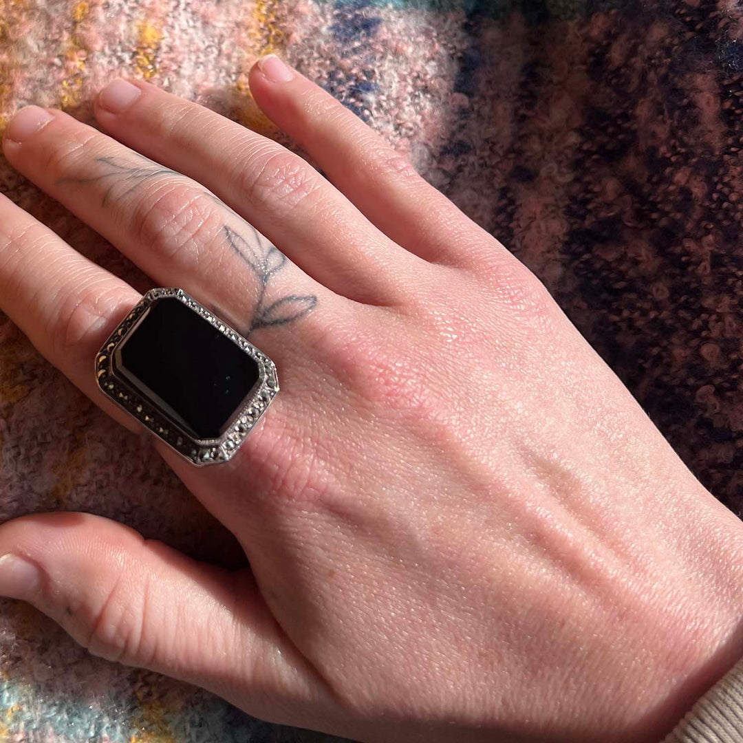 Art Deco Silver Onyx and Marcasite Ring