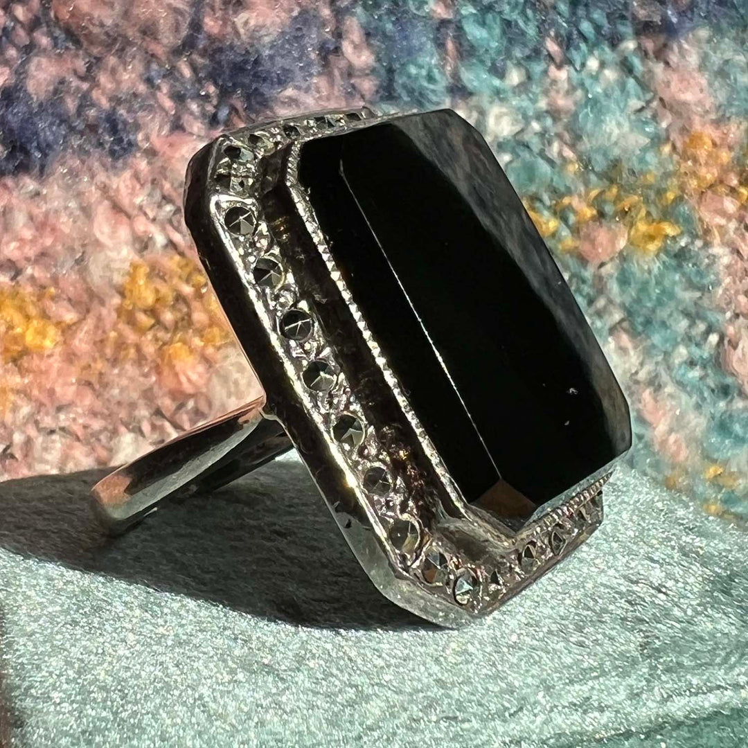 Art Deco Silver Onyx and Marcasite Ring