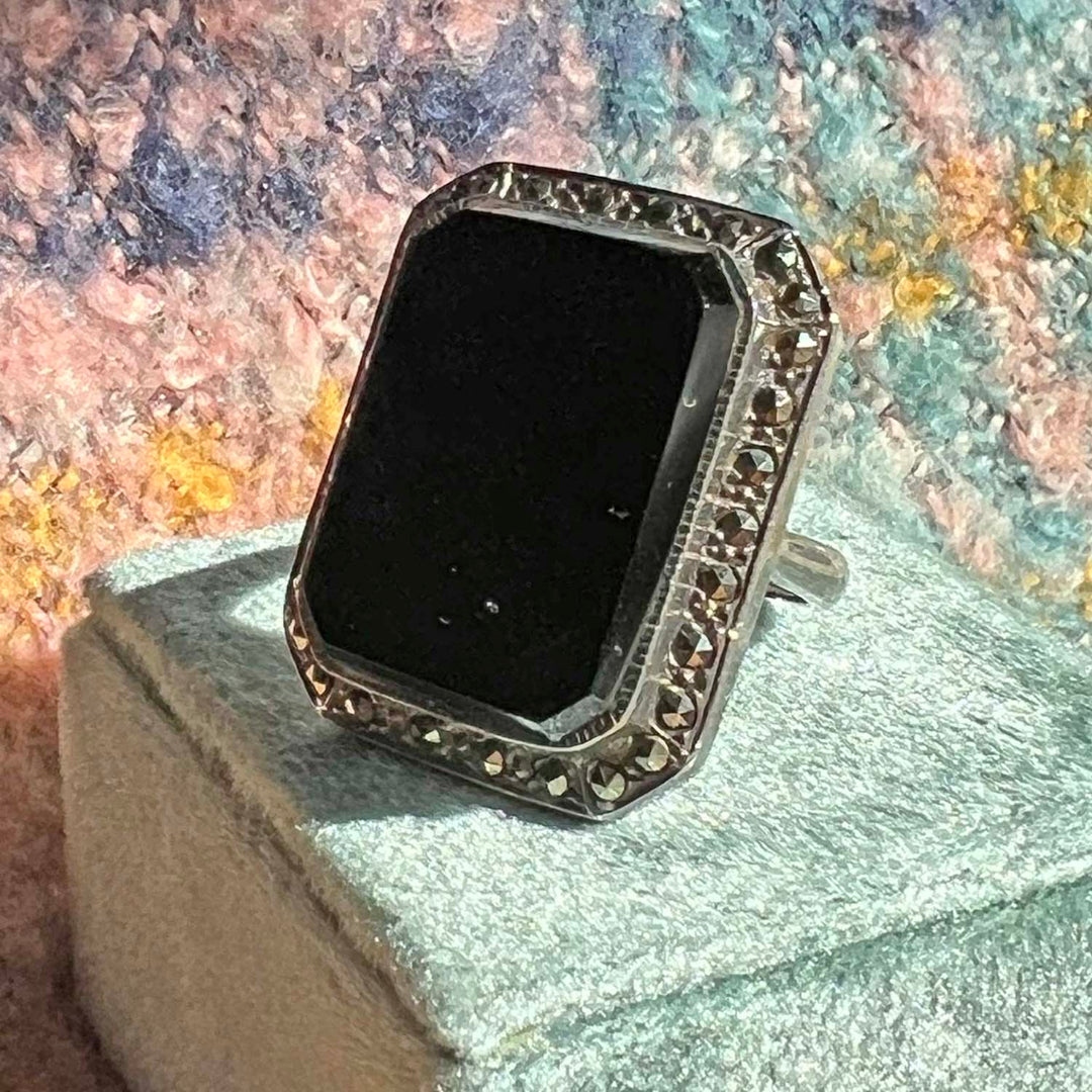 Art Deco Silver Onyx and Marcasite Ring