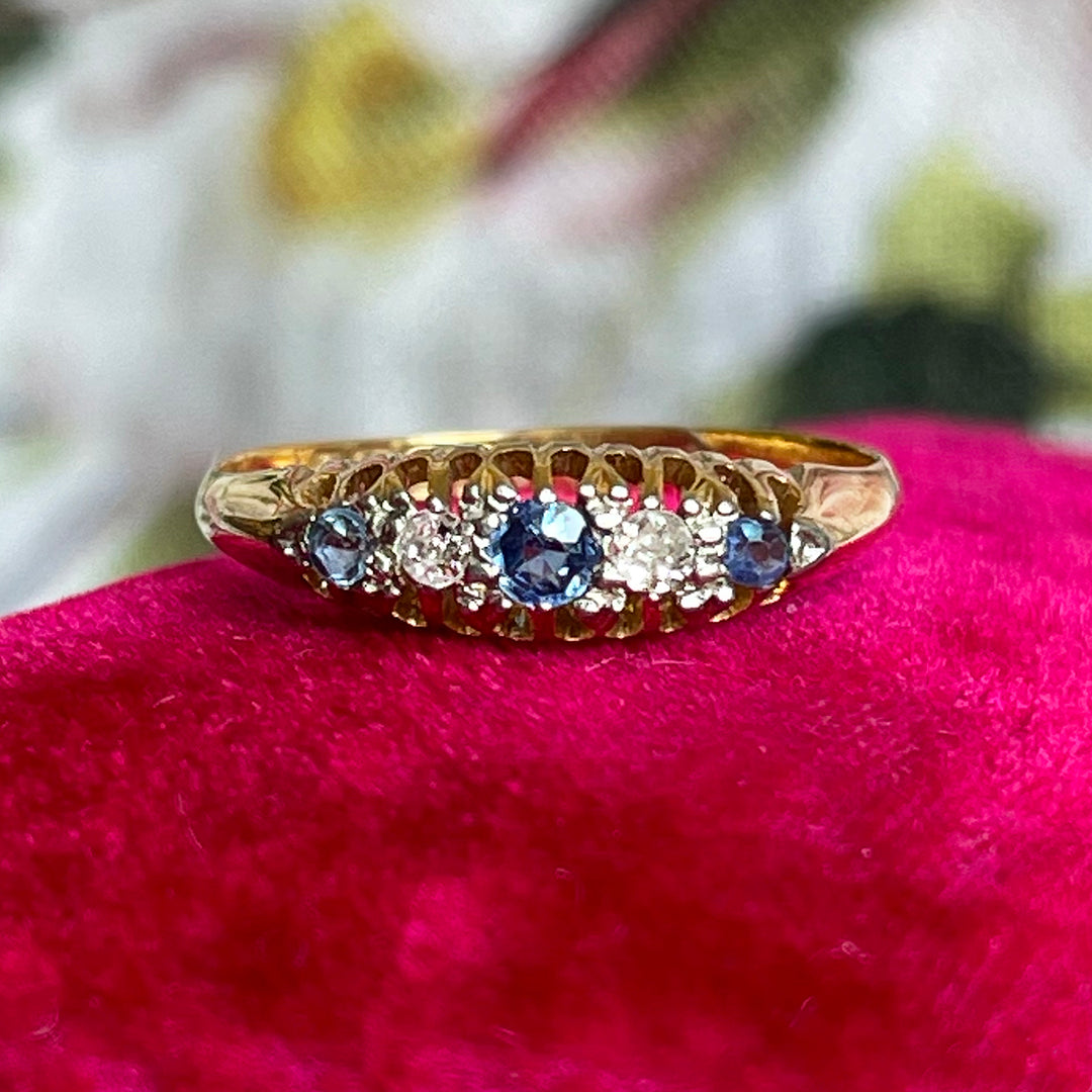 Victorian 18K Gold Boat Ring with Sapphires & Diamonds, Circa 1890, London