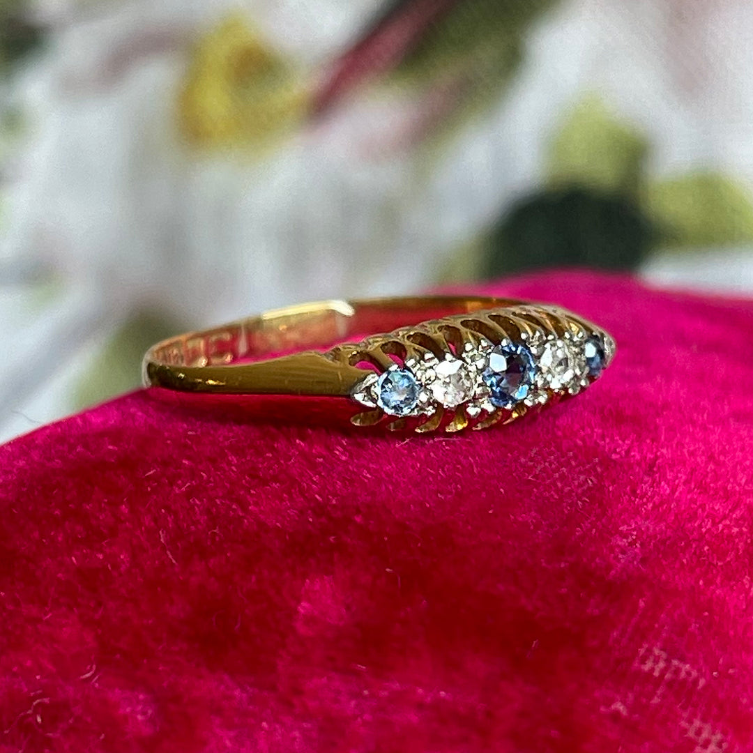 Victorian 18K Gold Boat Ring with Sapphires & Diamonds, Circa 1890, London