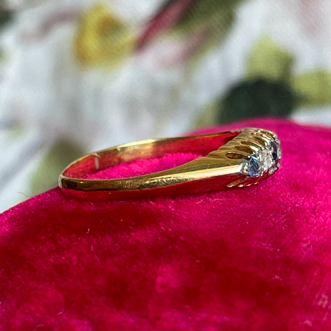 Victorian 18K Gold Boat Ring with Sapphires & Diamonds, Circa 1890, London