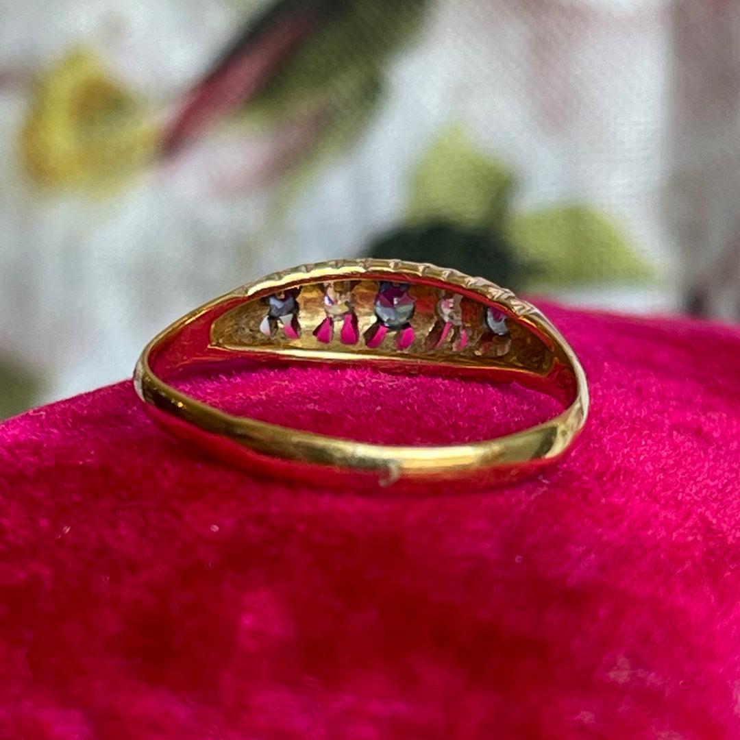 Victorian 18K Gold Boat Ring with Sapphires & Diamonds, Circa 1890, London