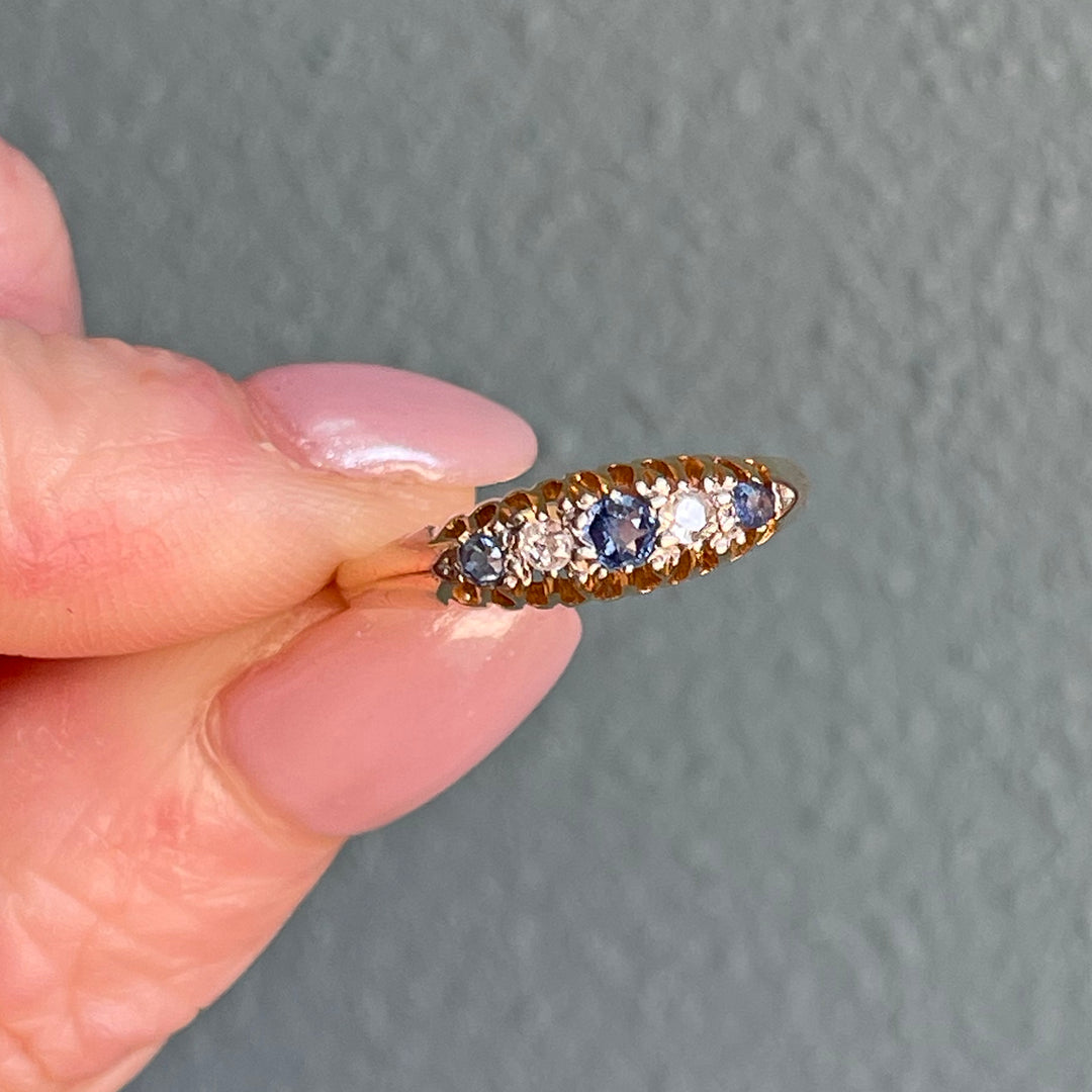 Victorian 18K Gold Boat Ring with Sapphires & Diamonds, Circa 1890, London