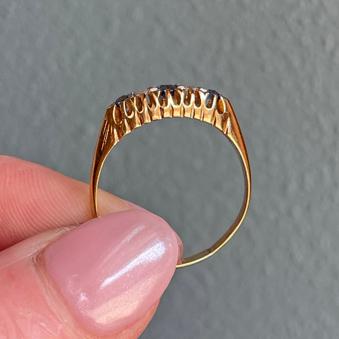 Victorian 18K Gold Boat Ring with Sapphires & Diamonds, Circa 1890, London