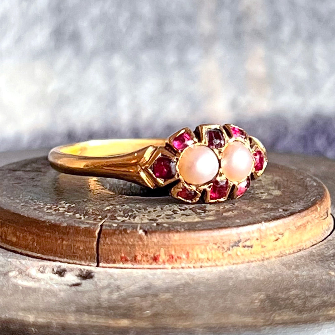 Victorian Garnet Pearl 18k Gold Ring, Circa 1860