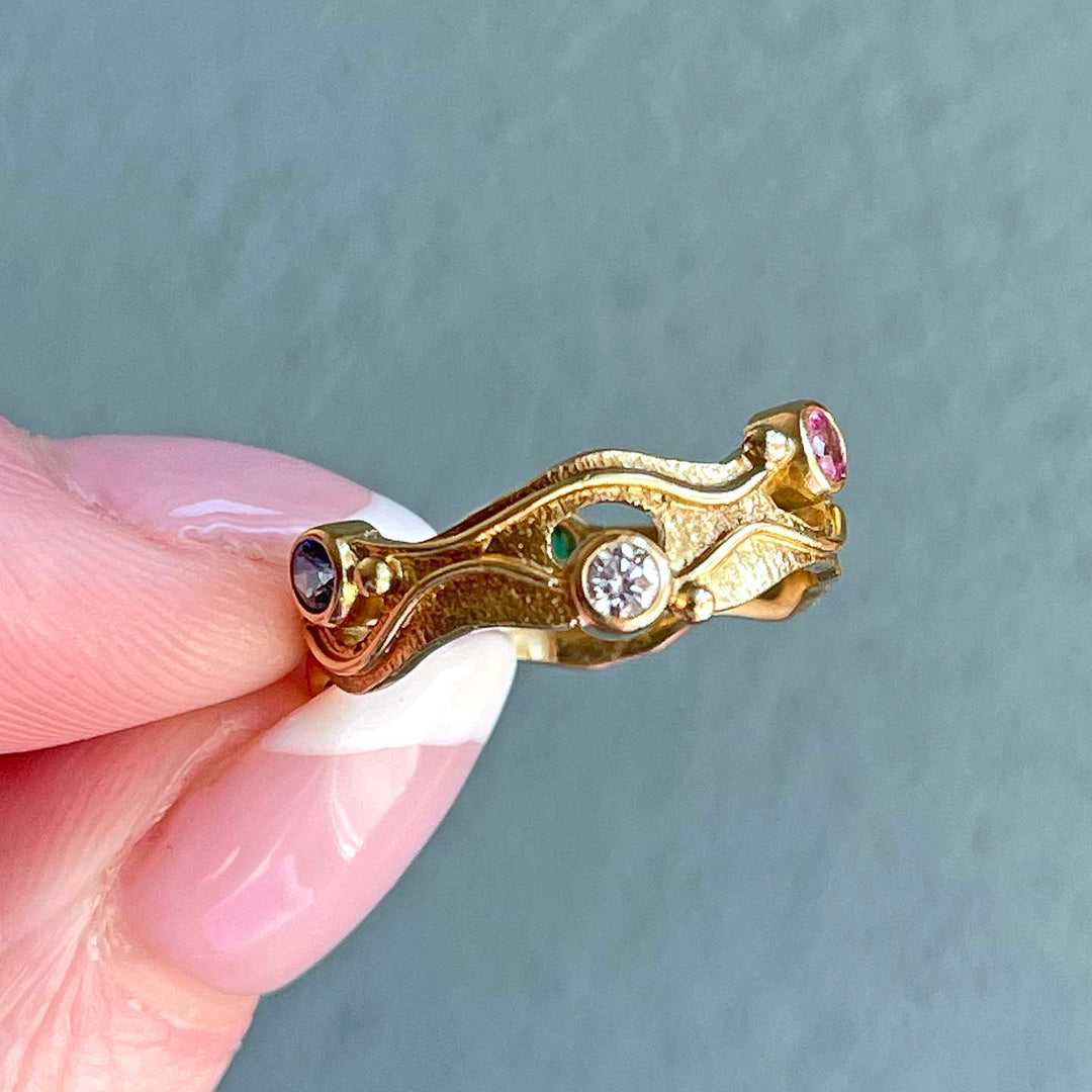Vintage 18k Gold Multi-Gem Band Hand Crafted 1968