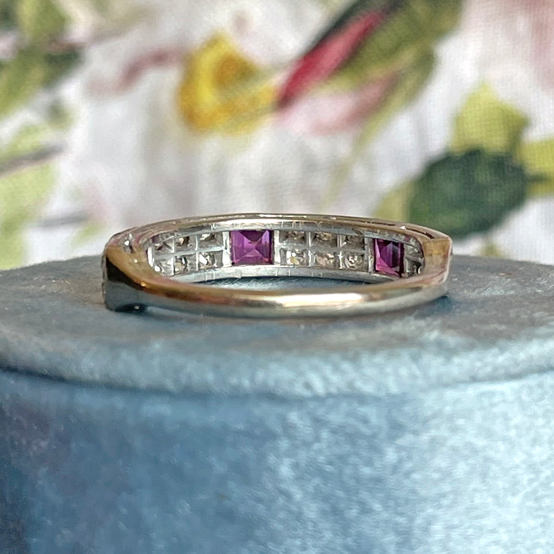 Art Deco Ruby and Diamond Band Ring Half Eternity 18k White Gold