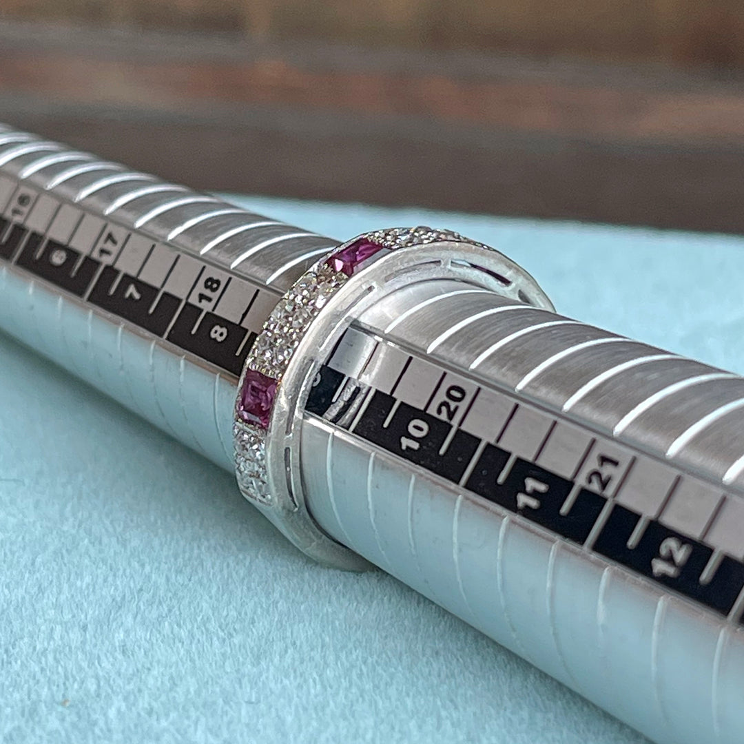 Art Deco Ruby and Diamond Band Ring Half Eternity 18k White Gold